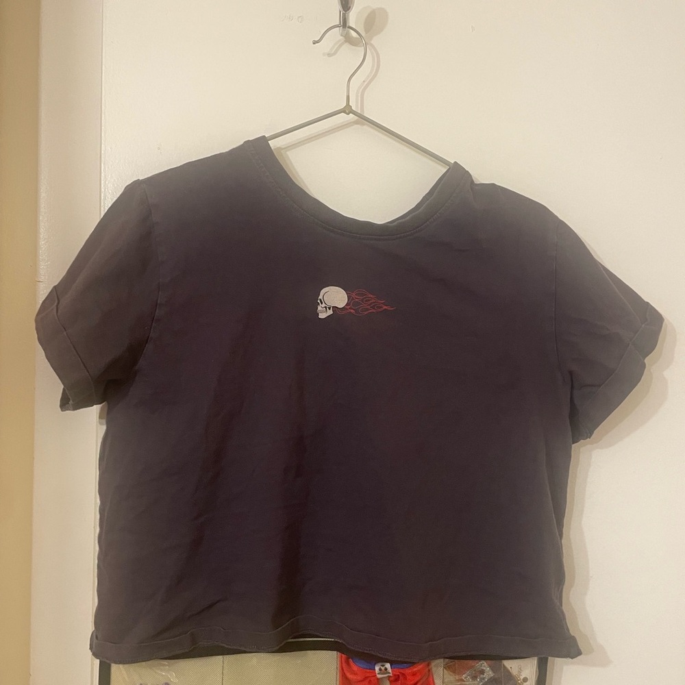 Gray Skull Graphic Crop Top with Cool Racing Graphics on the Back